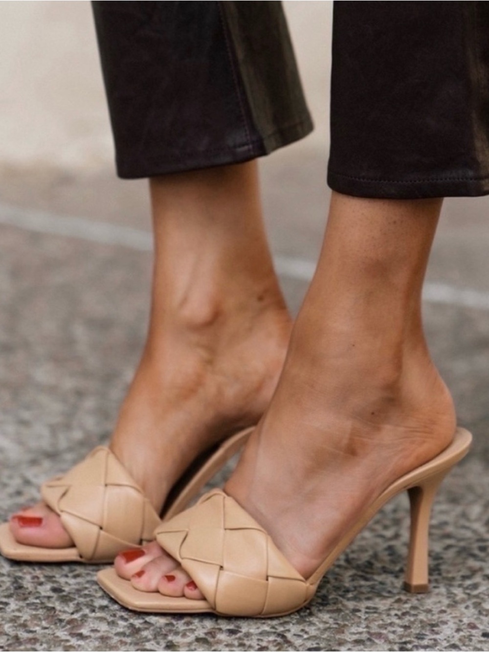 Vince Camuto Woven Open-Toe Leather Mule Heel in Beige